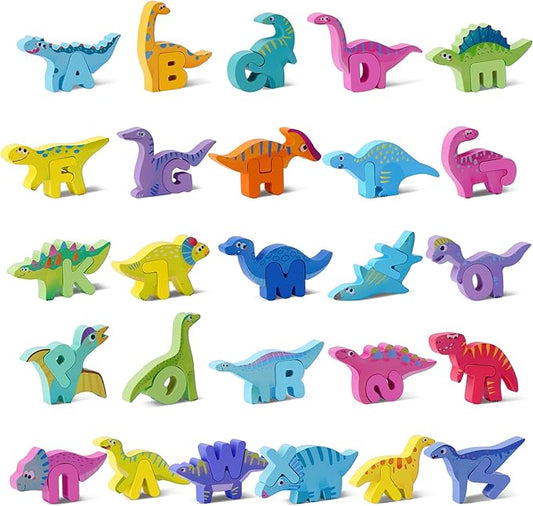 Wooden Toddler Puzzles, Montessori Learning Toys, ABC Alphabet Puzzle for Kids Ages 3-5, Cute Dinosaur Shape Letters Matching Game, Preschool Educational Toys Gift for Girls Boys 3 4 5 Years Old