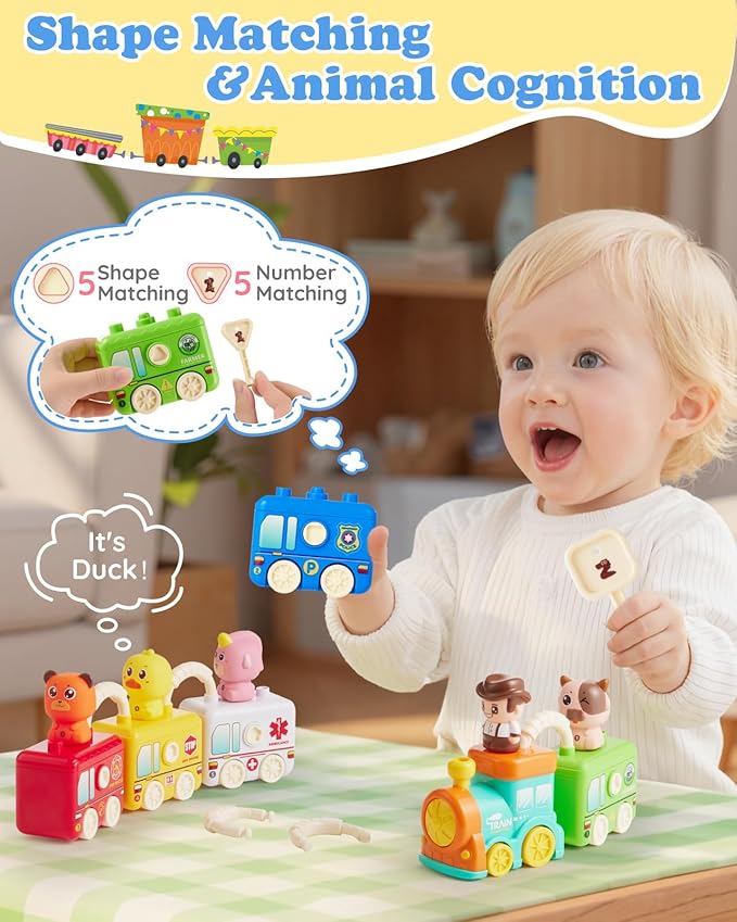 Montessori Toys Train Set for Toddlers 2-4 Year Old,Matching & Sorting Learning Train Set with Music & Light Including 6 Finger Puppets,Keys,Christmas Birthday Gifts for Baby Girls Boys 2+