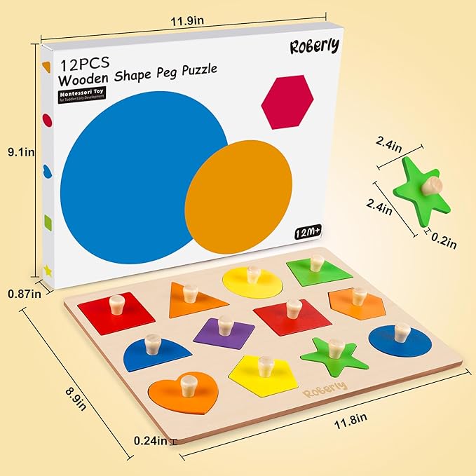 Roberly Shape Wooden Puzzles for Toddlers, Toys Peg Puzzle Geometric Color Matching Board for Girls Boys 36 Months Preschool Learning Educational Toys Birthday Gifts