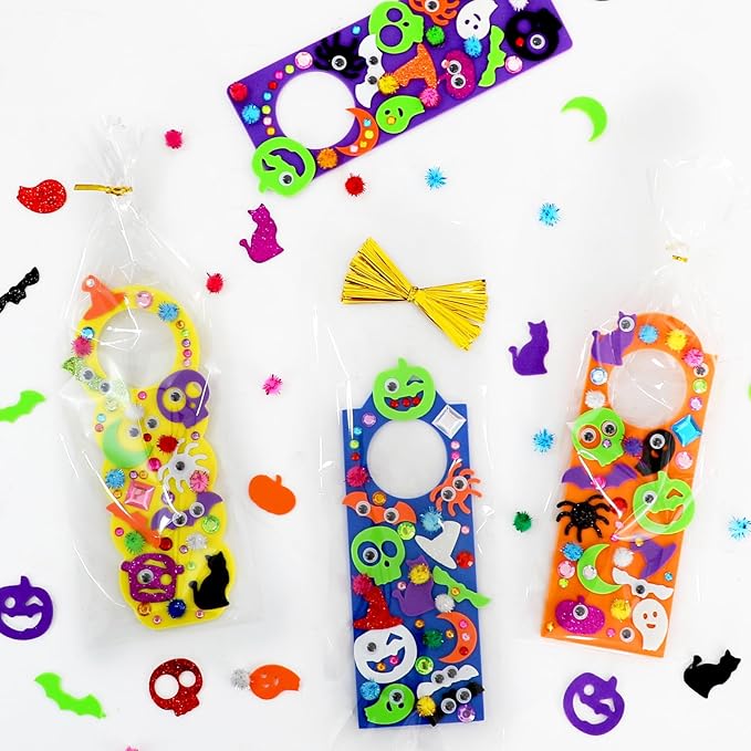 24 Set Halloween Craft Kits for Kids, DIY Halloween Doorknob Hanger Decorations Fall Arts & Crafts Supplies, Halloween Pumpkin Bat Ghost Monster Foam Stickers for Classroom Party Favors Activities