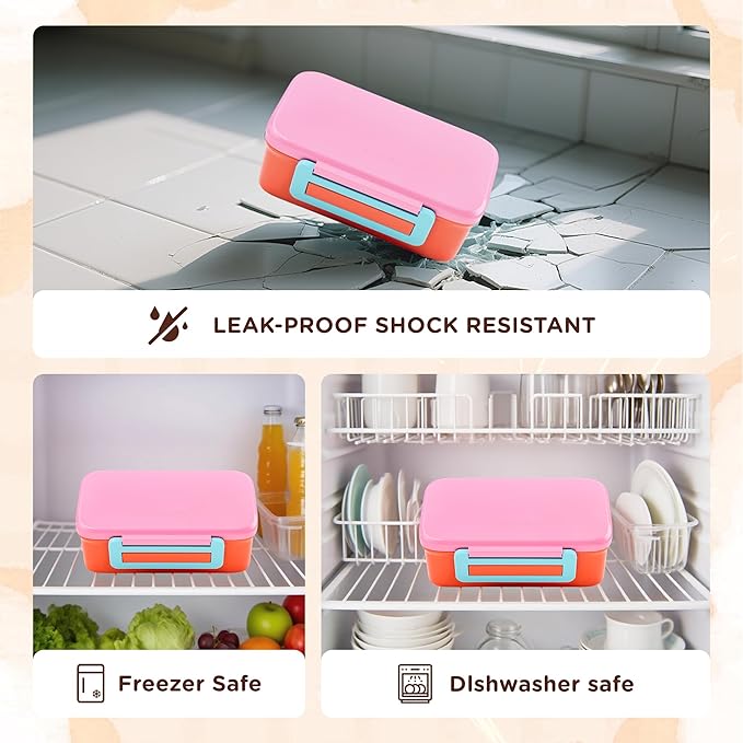 Bento Lunch Box for Kids With 8oz Thermo, Leakproof Bento Box with with 2 Compartments, Insulated Bottle, Lunch Bag, BPA Free Dishwasher Safe for School Girls Boys (Pink)