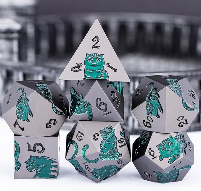 Metal DND Cat Dice 7PCS Polyhedral RPG Dice Set with Gift Case for Dungeons Dragons Role Playing Game, D and D Dice D6 D8 D10 D12 D20 D% (Grey Green)