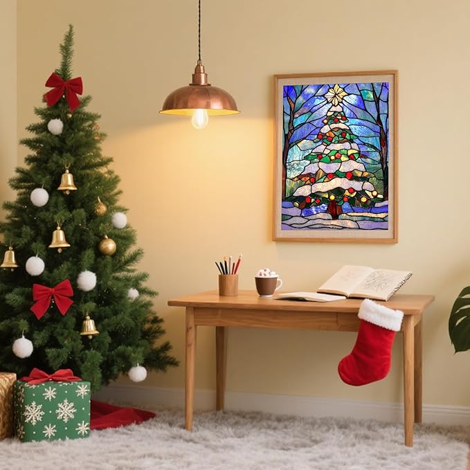 Wooden Puzzles for Adults, Christmas Tree Puzzles 200 Pieces, Unique Shaped Stained Glass Jigsaw Puzzles for Adults and Kids, Birthday Gifts Fun Family Game 11.8'' x 8.9''