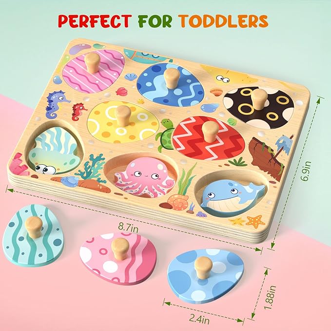 Wooden Puzzles for Toddlers, 8 Pcs Sea Animal Matching Egg Puzzle, Montessori Toys for Boy Girl Easter Birthday Gifts, Preschool Learning Activities & Educational Toys for Boys, Girls