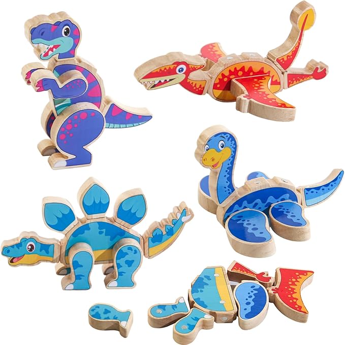 Magnetic Dinosaur Building Blocks, Wooden Dino Snap Blocks, STEM Take Apart Dinosaurs Playset, Montessori Fine Motor Skills Educational Learning Toy, Preschool Gift for 3 4 5 6 Years Kids