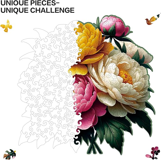 Wooden Puzzle, Multi-Color Peony Flower, Adult Wooden Puzzle, Colorful Wood Carving Puzzle Designed for Family and Friends, 11 * 11 inches, 200 Pieces (Medium)