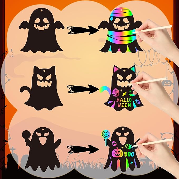 CY2SIDE Halloween Ghost Scratch Cards - 60PCS DIY Boo Spooky Scratch Paper Art for Kids School Activity, Cute Ghost Magic Art Rainbow Color Craft Ornament for Kids Halloween Trick or Treat Party Favor
