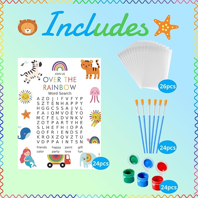 GEECOZYLIFE Animals Wood Crafts - 24 Pcs Safari & Under The Sea Wooden Animal Painting Kits with Word Search Cards - Classroom Birthday Gifts, Goodie Bags & School Rewards Crafts