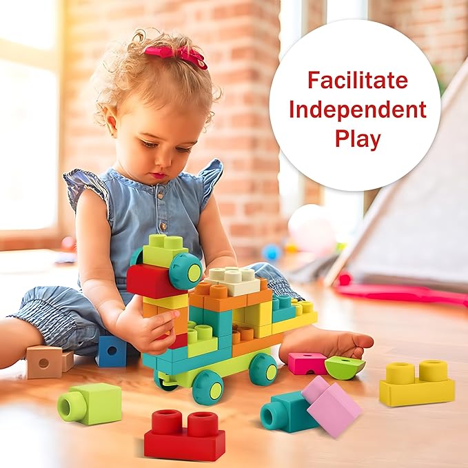 Soft Building Blocks STEM Montessori Preschool Learning Stacking Sensory Toys, Large Construction Block Set, Rubber Blocks 12-18 Months Block Bag with 42 Pieces and Storage