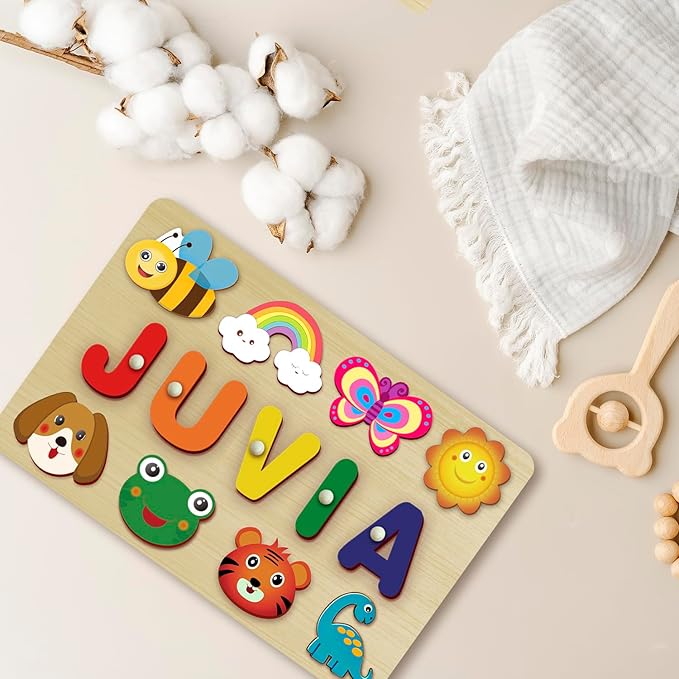 Custom Name Puzzles for Toddlers 1-3 - Name Puzzle for Kids, Personalized Wooden Animal Puzzle, Baby Gifts, Baby Shower, Christmas, Newbaby Gift, Gifts for 1 2 3 Years Old (Animal-Name -01)