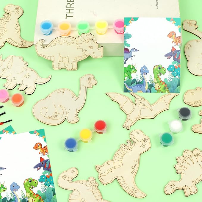 LARDUX Dinosaur Party Favors, 24PCS DIY Wooden Arts & Crafts Painting Kit for Kids, Glow in The Dark Party Favors Family Crafts Birthday Party Christmas Gifts Toys for Boys Girls