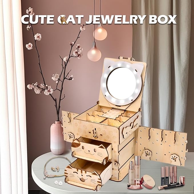 3D Wooden Puzzles for Adults: DIY Jewelry Box with Mirror, Cat Model Craft Kit, Creative Gift for Women Men Birthday Christmas Home Decor and Storage