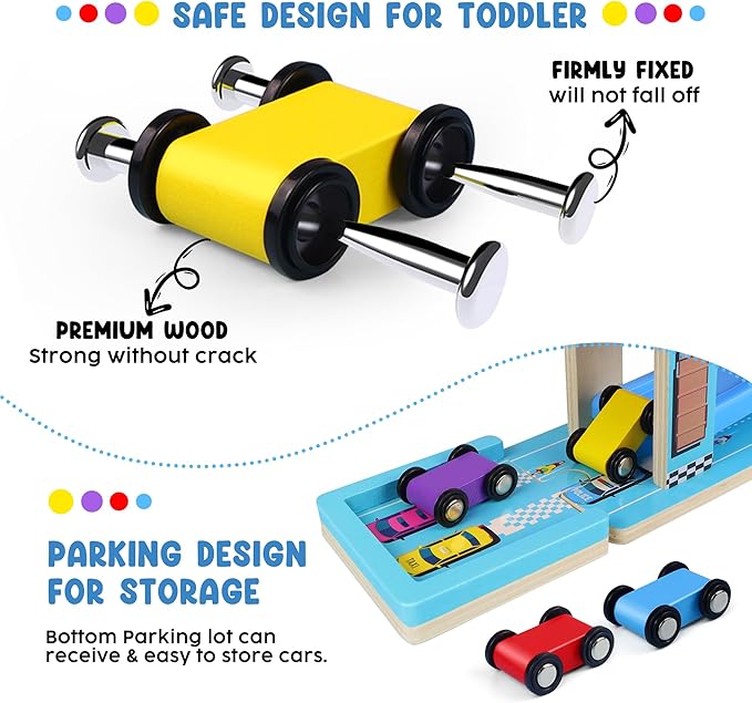 Montessori Toys for Toddlers, Children Race Track Toy with 4 Cars and 1 Wooden Parking Lot, Stable Base, Car Ramp Toy for 1 2 3 Year Old Boy Girl Gifts