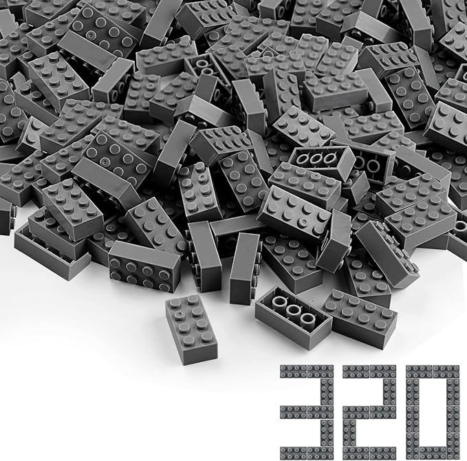 Feleph Dark Bluish Gray 2x4 Bricks 320 Pieces Grey Classic Building Blocks Creative Play Set Toy Accessories Compatible with Major Brick Brands (Gray deep)