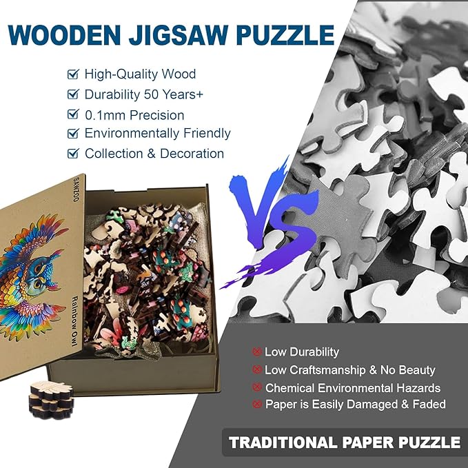 Wooden Jigsaw Puzzles for Adults and Kids, Rainbow Owl 200 Piece Unique Shaped Puzzle, Family Game and Creative Wooden Puzzle Gift, Wall Art Decor