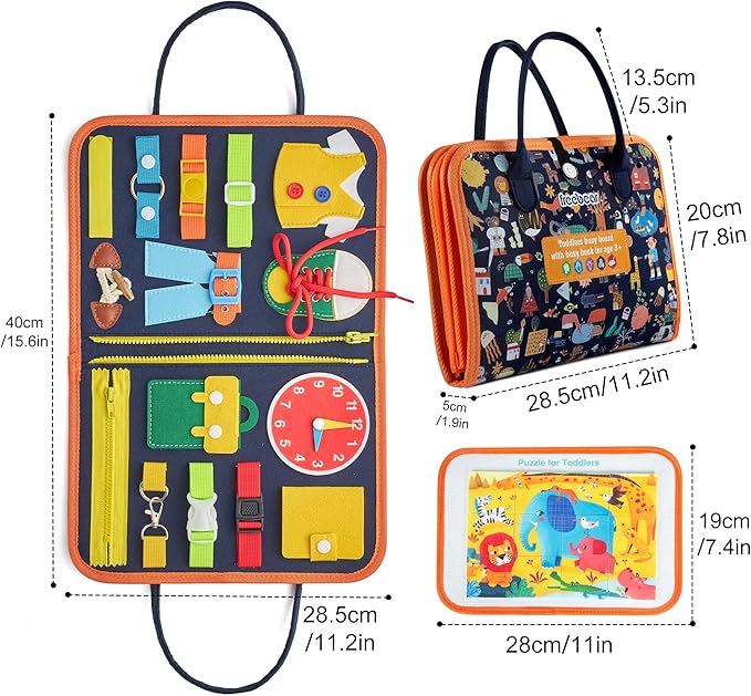 Freebear Busy Board Toddler Travel Sensory Toys for 1 2 3 4, Montessori Learning Activities Board, Educational Toys for 3 4 Year Old Boys Girls Gift, Classic