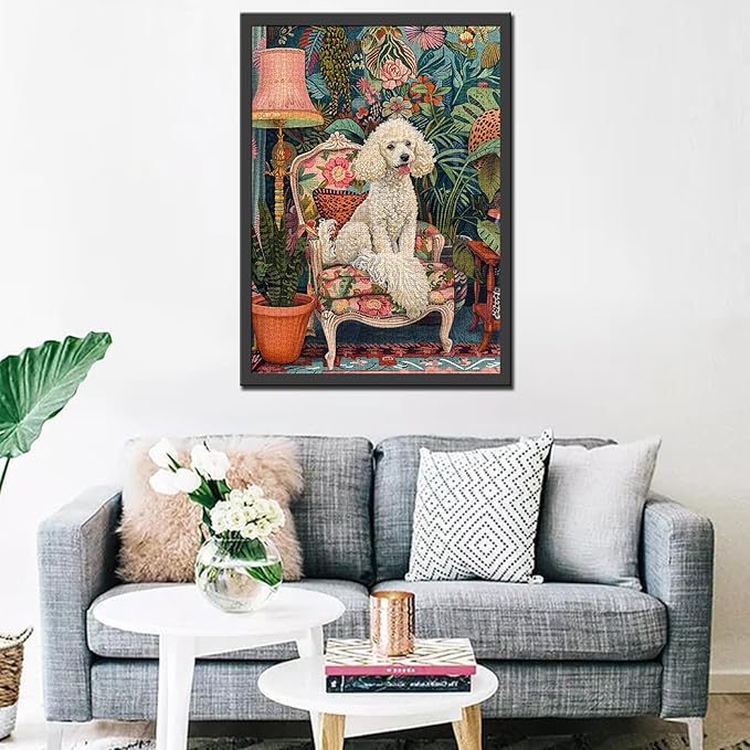 White Moyen Poodle on Couch Jigsaw Puzzles for Adults 1000 Pieces,Pet Dog Botanical Art Jigsaw Puzzle Colorful DIY Craft Puzzles for Home Decoration Gifts Idea,Family Puzzle Perfect for Game Nights