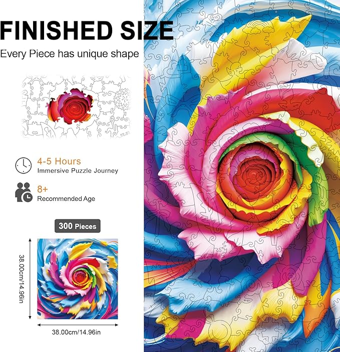 Wooden Puzzles for Adults 300Pieces, Rainbow Swirl Rose Wooden Jigsaw Puzzles, Stress Relief Puzzle Gifts, Unique Shaped Brain Teaser, Wall Art Home Decor, Challenging Family Games 15.2"x15.2"