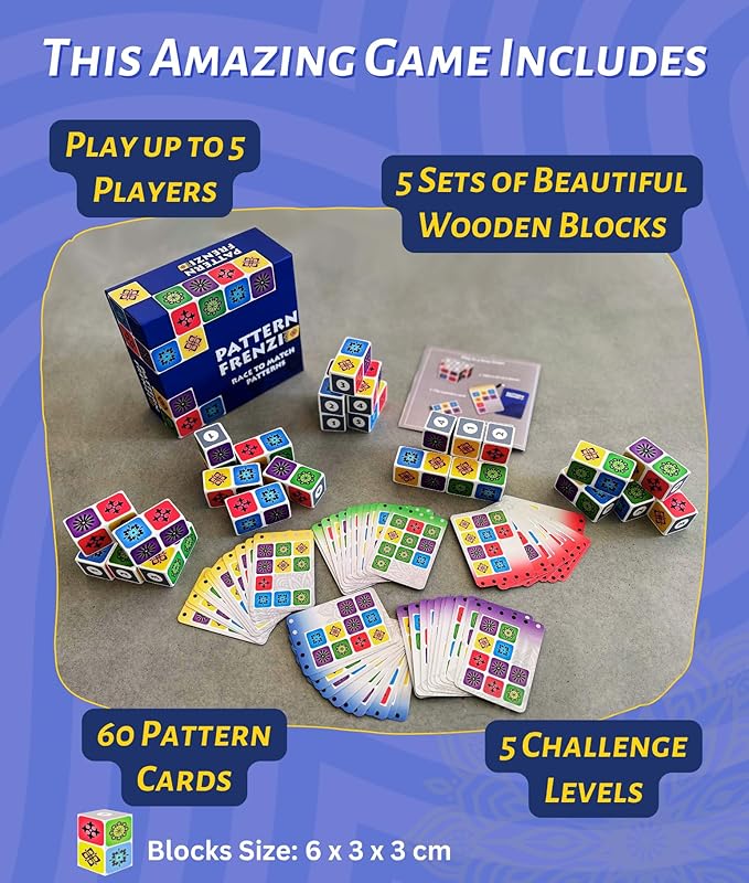 Pattern Matching Board Game for Kids & Adults, Family Night Board Games, Block Puzzle Games for Kids, Ages 3+ to 99 yrs, Play 1 to 5 Players, for Birthdays, Premium Quality Solid Wood