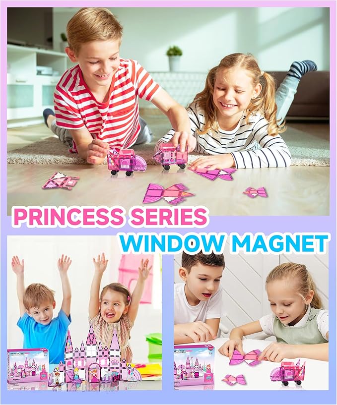 Magnetic Tiles 50 Pcs Princess Theme Set Magnets Building Blocks with Princess Castle Toys DIY Painting Set and 5 character figures for Kids Ages 4-8 toddlers STEM Birthday Gifts for Girls Boy