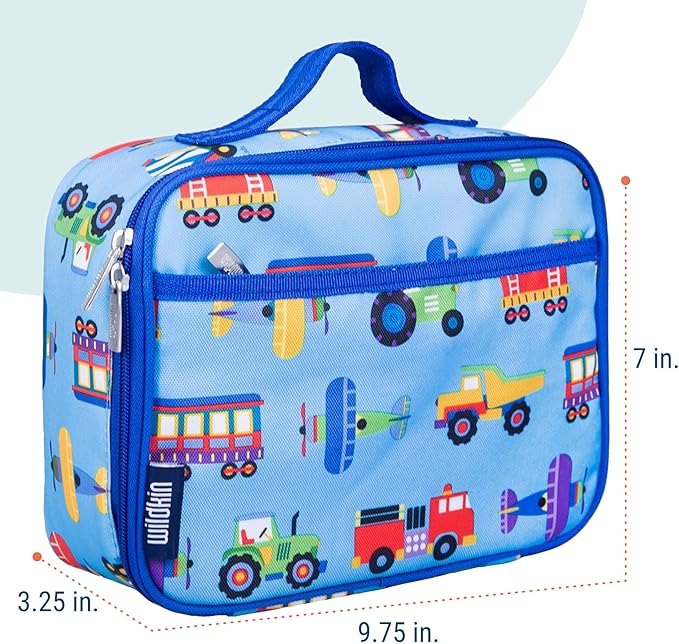 Wildkin Kids Insulated Lunch Box – Durable and Reusable for School & Travel - Trains, Planes, and Trucks