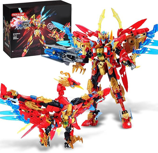 Fire Phoenix Mech Sets 2in1 Building Blocks，Transforming Robot Building Kits with Vermilion Bird Model，Christmas Birthday Gift for Adults Kids Boys Ages 8-14（531 Pieces） (Vermilion Bird)