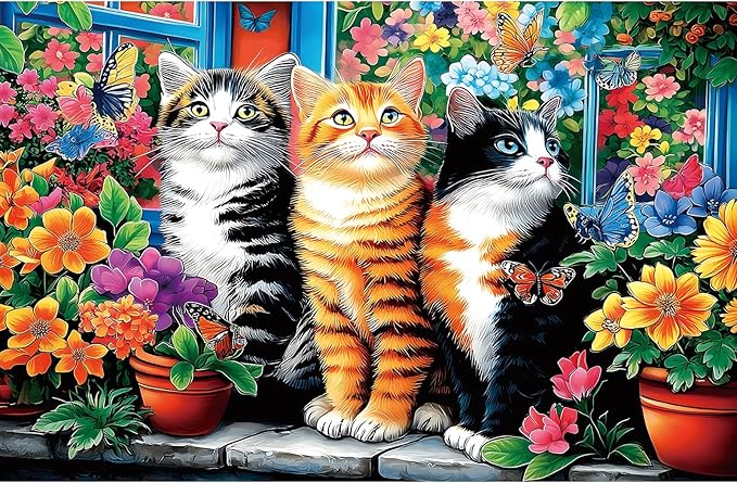 Blueforest Puzzles for Adults 500 Pieces - Cats in Garden with Vibrant Flowers & Butterflies 500 Piece Jigsaw Puzzles, 23x15 Inches Intermediate Challenge Puzzle