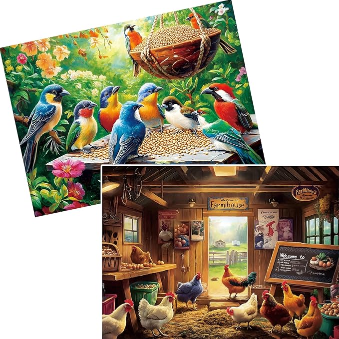 2 Pack 300 Piece Puzzle for Adults, Birds Feasting in the Garden Jigsaw Puzzles,Chicken Barn Scene 300 piece puzzle, Challenging Puzzle for Adults, Seniors and Kids, Perfect for Family Game 20.5*15 in