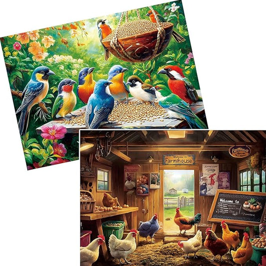 2 Pack 300 Piece Puzzle for Adults, Birds Feasting in the Garden Jigsaw Puzzles,Chicken Barn Scene 300 piece puzzle, Challenging Puzzle for Adults, Seniors and Kids, Perfect for Family Game 20.5*15 in