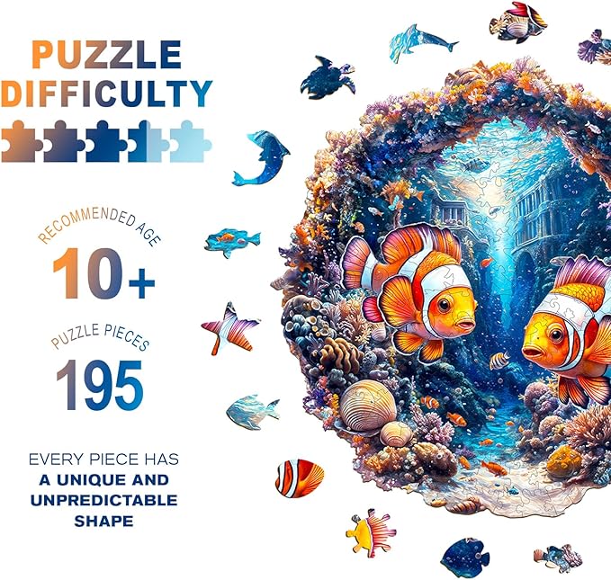 Wooden Puzzles for Adults - Clownfish Journey Wooden Jigsaw Puzzle, Unique Animal Shaped Wood Puzzles Adult, Christmas Birthday Gifts for Friends/Family, Home Decor 11.4 * 11.2in 195pcs