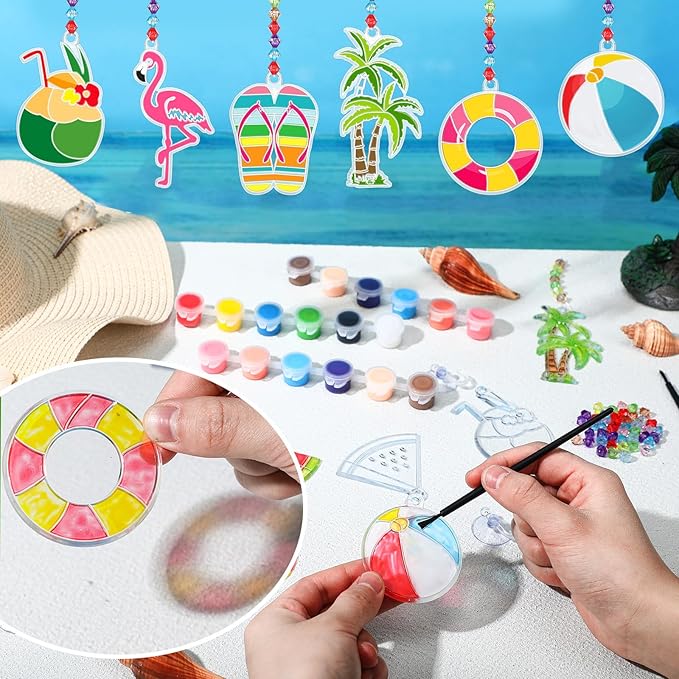 Yaomiao 30 Sets Summer Craft Kit End of Year Student Gifts Hawaiian Beach DIY Sun Catcher Bulk Paint Your Own Window Art Drawing Ornaments for Home Classroom Summer Activities Party Favor