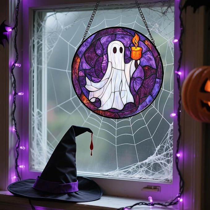 Stained Glass Window Hanging - Halloween Decorations Ghost Suncatcher for Doors Garden Indoor Spooky Funny Purple Sun Catchers Gothic Decor Horror Gifts for Women Men Friend 7.8 in