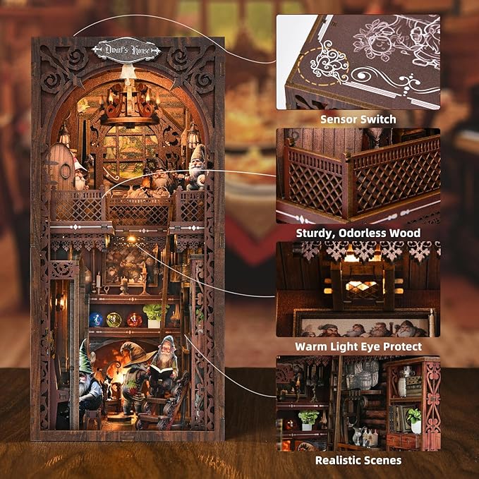 Book Nook Kit, Book Nook Kits for Adults and Teens, DIY Miniature Dollhouse Kit 3D Wooden Puzzle Booknook Bookend with LED Light