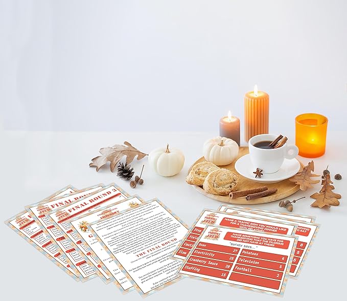 Thanksgiving Friendly Feud Quiz, Family Party Game - 12 Question Cards & 3 Final Rounds Cards