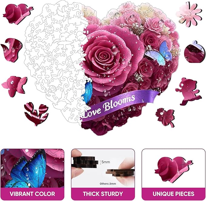 Ruikiyart Wooden Puzzles for Adults,Heart Flower Puzzles 500 Pieces,Unique Shaped Jigsaw Puzzles,Christmas Birthday Gifts for Mom Adults and Kids,Extra Thick 5MM,Fun Challenging,16.9 * 14.7in