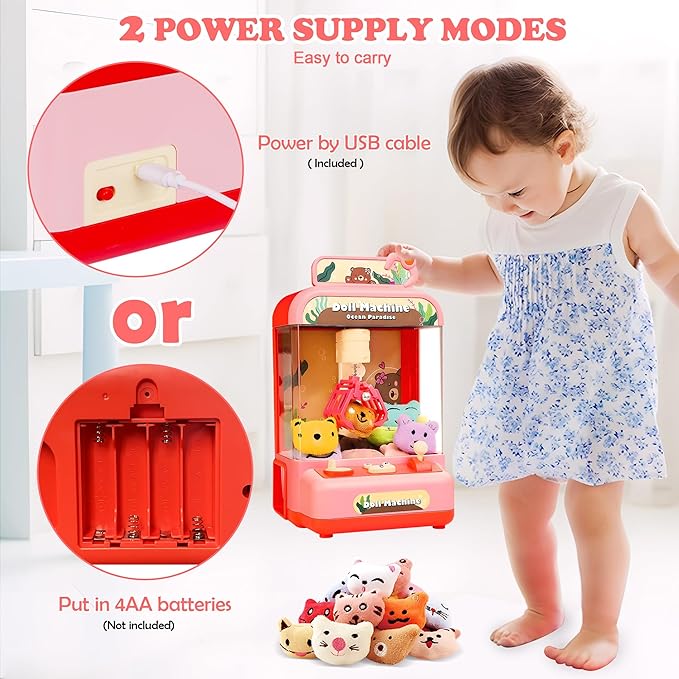 Mini Claw Machine for Kids | Girl Toys for Ages 8-13 Arcade Game Toy Claw Machine Electric Candy Vending Machine Toy with LED Lights & Adjustable Sound, Birthday Gifts for Girls Ages 4+, Red