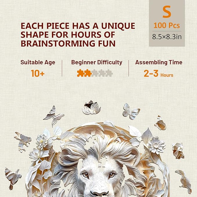 Wooden Puzzles for Adults, 3D Visual Effect Paper Lion Puzzle, Wood Puzzles Adult, Unique Animal Shape, Paper Sculpture Modern Art Puzzle, Gifts for Friend, Canvas Wall Art (S-8.5 * 8.3in-100 pcs)