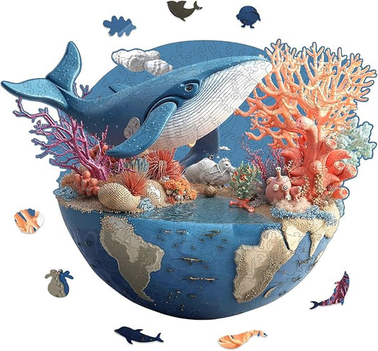 Dolphin Earth Wooden Puzzles, 209 Pieces Jigsaw Puzzles 12.2 x9.1 inch, Unique Design Wooden Puzzles for Adults and Kids, Family Game Gift