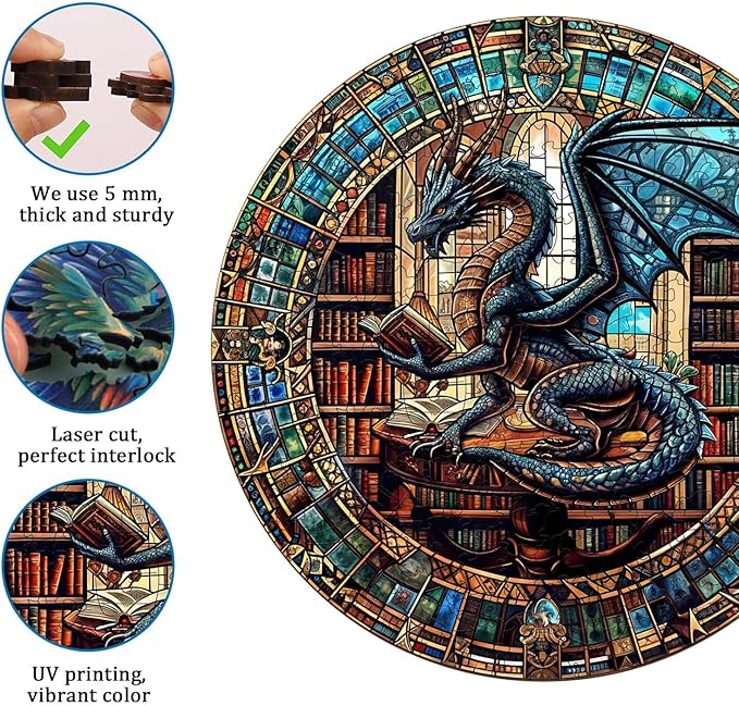 Jigfoxy Wooden Puzzles for Adults, Dragon's Library Wood Puzzles Adult, Unique Animal Shape Wooden Jigsaw Puzzles for Adults, Birthday Gifts for Puzzle Lovers, Family (M-11.4 * 11.4in-200pcs)