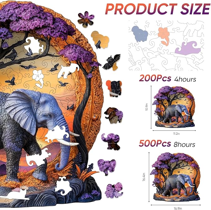 Wooden Puzzle for Adults 200 Pcs, 3D Vision Effect Elephant Forest Puzzle Unique Shape Advanced Jigsaw Puzzle, Challenge Wooden Jigsaw Puzzle for Family Game (11.2 x 10.9 in)