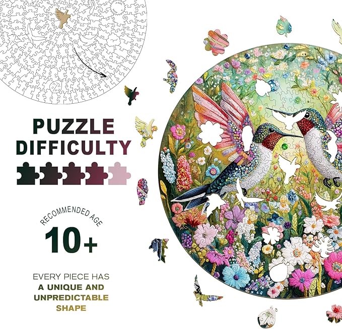 Wooden Jigsaw Puzzles, Embroidered Hummingbird Wooden Puzzles for Adults with Unique Shape, Adult Jigsaw Puzzle, Birthday Gifts for Adults, 13.2"x13.4" - 290pcs
