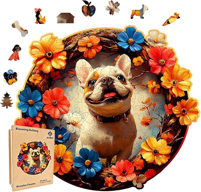 Wooden Jigsaw Puzzle, 200-500 Pieces Unique Shape Animal Puzzle, for Adults & Kids, Birthday Gift Family Game, Decorative Puzzle, Unique Gift (Blooming Bulldog, 200 PCS)