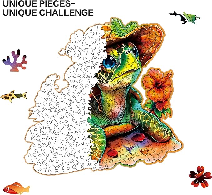 Wooden Jigsaw Puzzles,Vacation Sea Turtle Wooden Puzzles 300 Piece,Perfect for Family Game,Unique Shape Puzzles for Adults 14.9 x 14.9 Inch