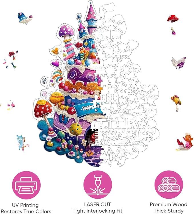 Wooden Puzzles for Adults, Birthday Cake Castle Puzzles 448 Pieces, Unique Shaped Mushroom Jigsaw Puzzles for Adults and Kids, Birthday Gifts Fun Challenge Family Game 16.9'' x 12.8''