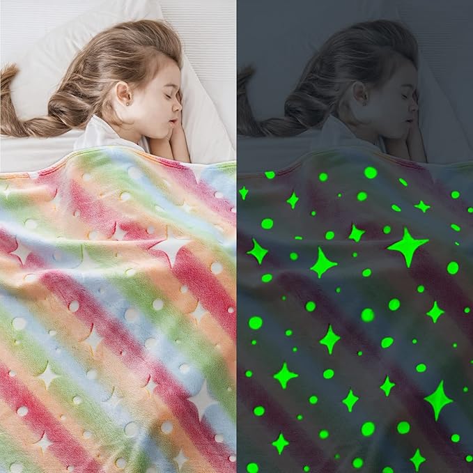 Kids Blanket Glow in The Dark Blanket Rainbow Fleece Throw Blanket Stars Blanket Glow in The Dark Blankets for Girls Boys Teen Kids