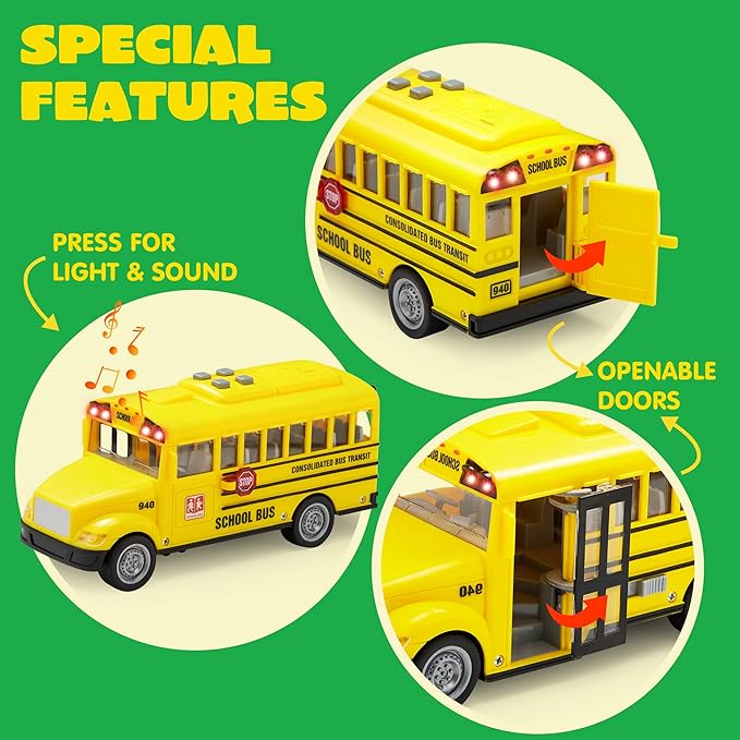 JOYIN 4 Pcs 7" Long Vehicle Toy Set, Toddlers Cars with Lights and Siren Sound, Including Play Police Car, School Bus, Garbage Truck, Ambulance, Birthday Party Gifts Toys for Boys 3-5
