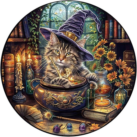 KAAYEE Wooden Puzzles for Adults, Magic Feline Cat Wooden Jigsaw Puzzle 450 PCS Unique Shape Wood Puzzle Adult, 3D Effect Flat Puzzle Birthday Family Game (XL-17.3 * 17.3in)