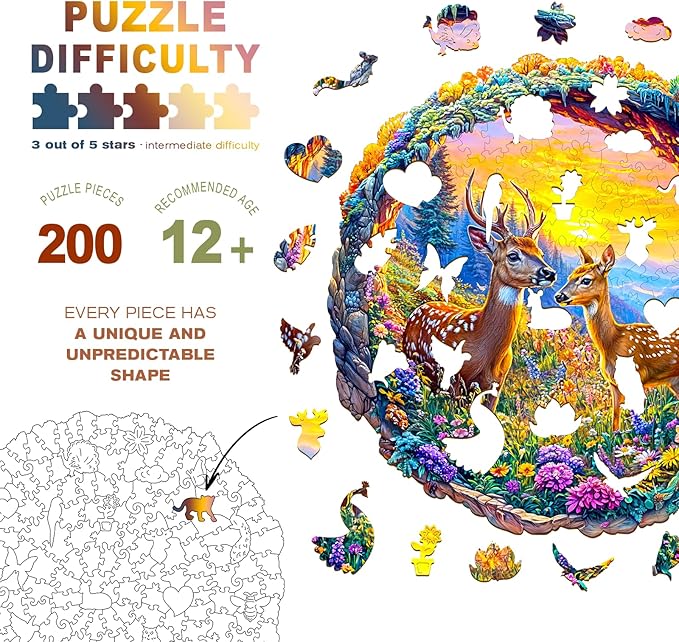 Wooden Puzzles for Adults - Deer Among Flowers Wooden Jigsaw Puzzle - Unique Animal Shaped Wood Puzzles Adult - Christmas Birthday Gifts for Adults/Friends/Family - 200pcs 11.4 * 11.3in