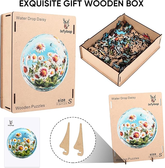 Wooden Puzzles for Adults 500 Pieces, Water Drop Daisy Jigsaw Puzzles, Unique Design Adult Puzzles for Family Brain Game Gift, 16.5x16.5 inch