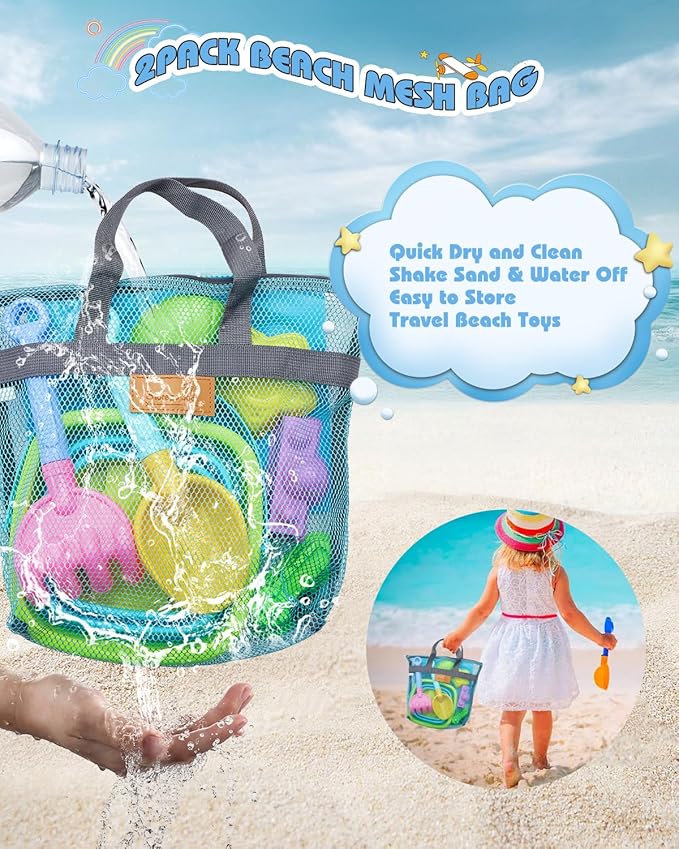 Unistylar Beach Toys, Sand Beach Toys for Toddlers with 3 Collapsible Foldable Sand Bucket and Shovels, Mesh Bag, Castle Animal Molds Sets, Travel Sandbox for Kids Age 3-10